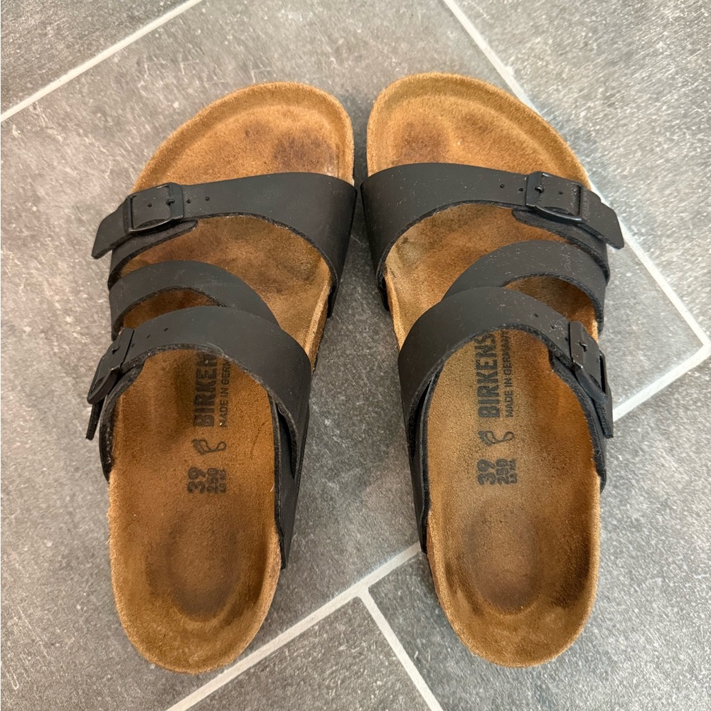 Birkenstock Black Sandals with Adjustable Straps and Contoured Footbed